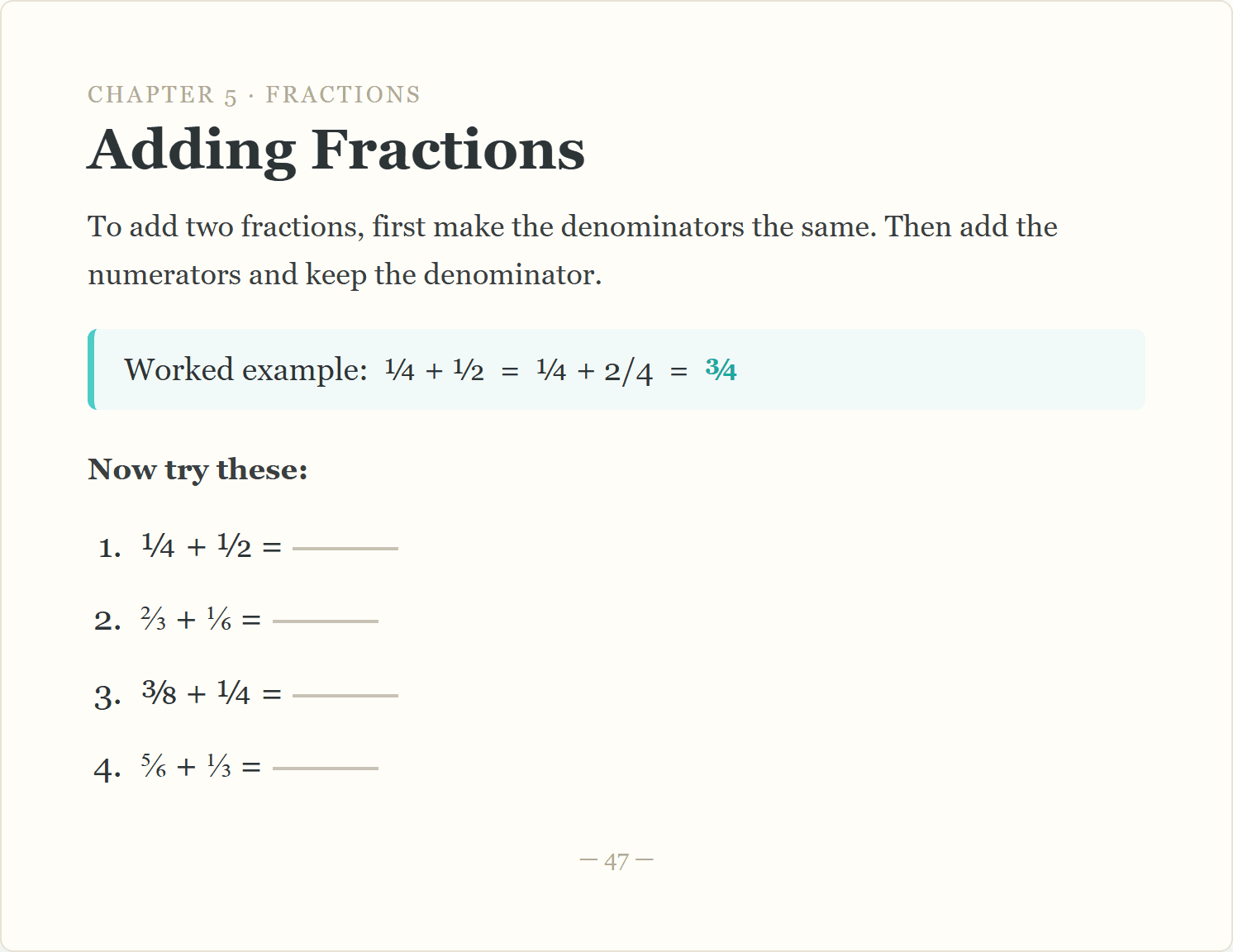 A maths textbook page on adding fractions