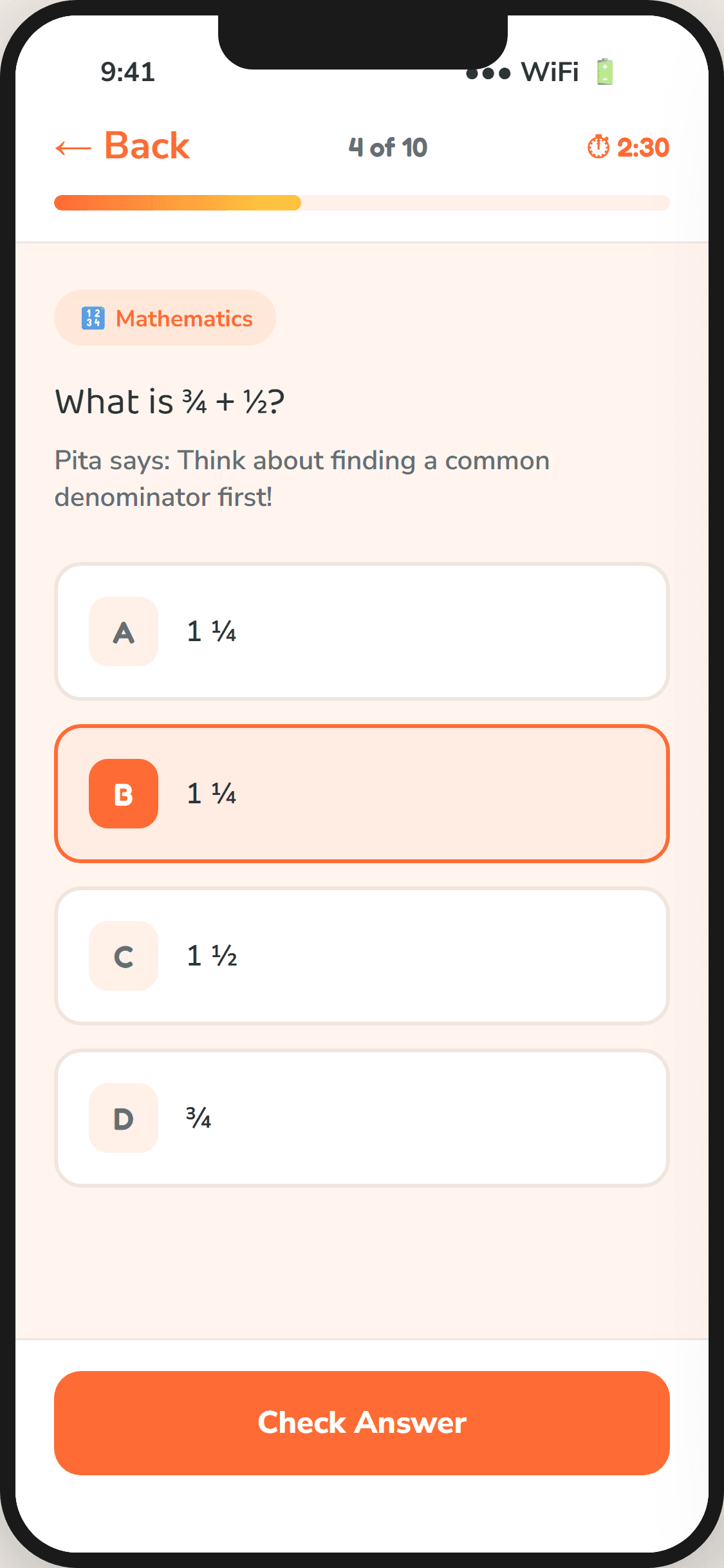 PitaPata quiz screen with a maths question and answer choices