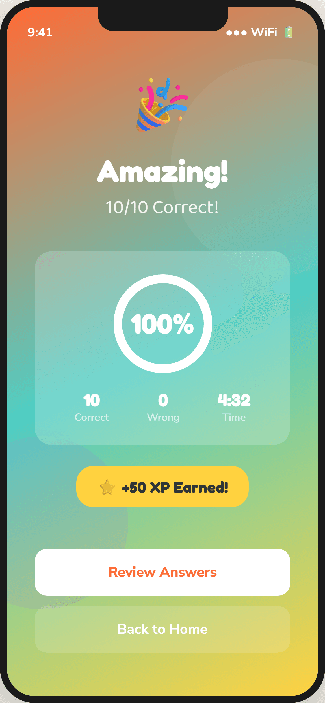 PitaPata results screen showing the child's score and progress