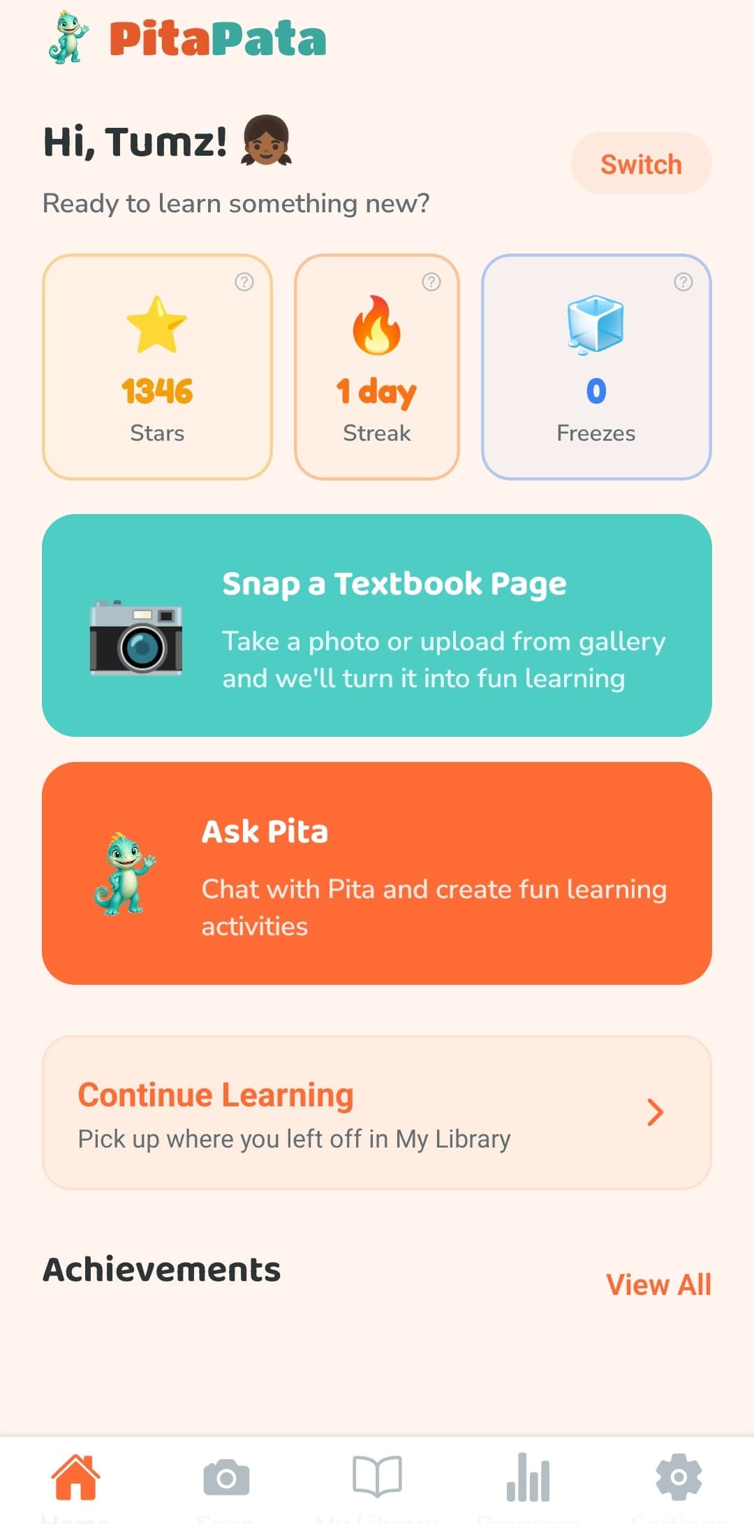 PitaPata home screen — stars, streak, and Snap a Textbook Page
