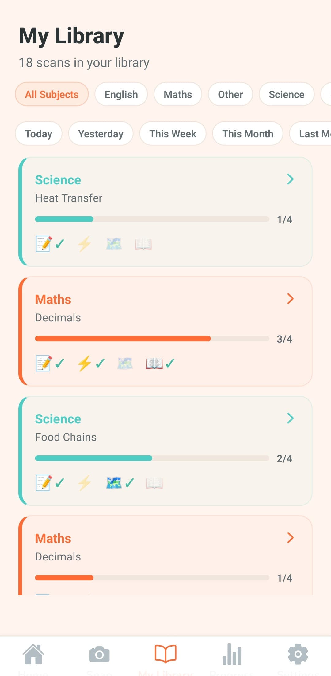 PitaPata My Library screen with the child's saved learning