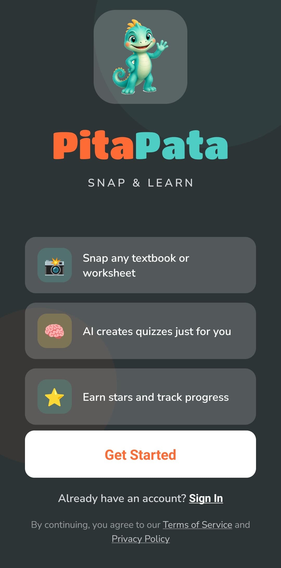 PitaPata sign-up screen with the Pita mascot