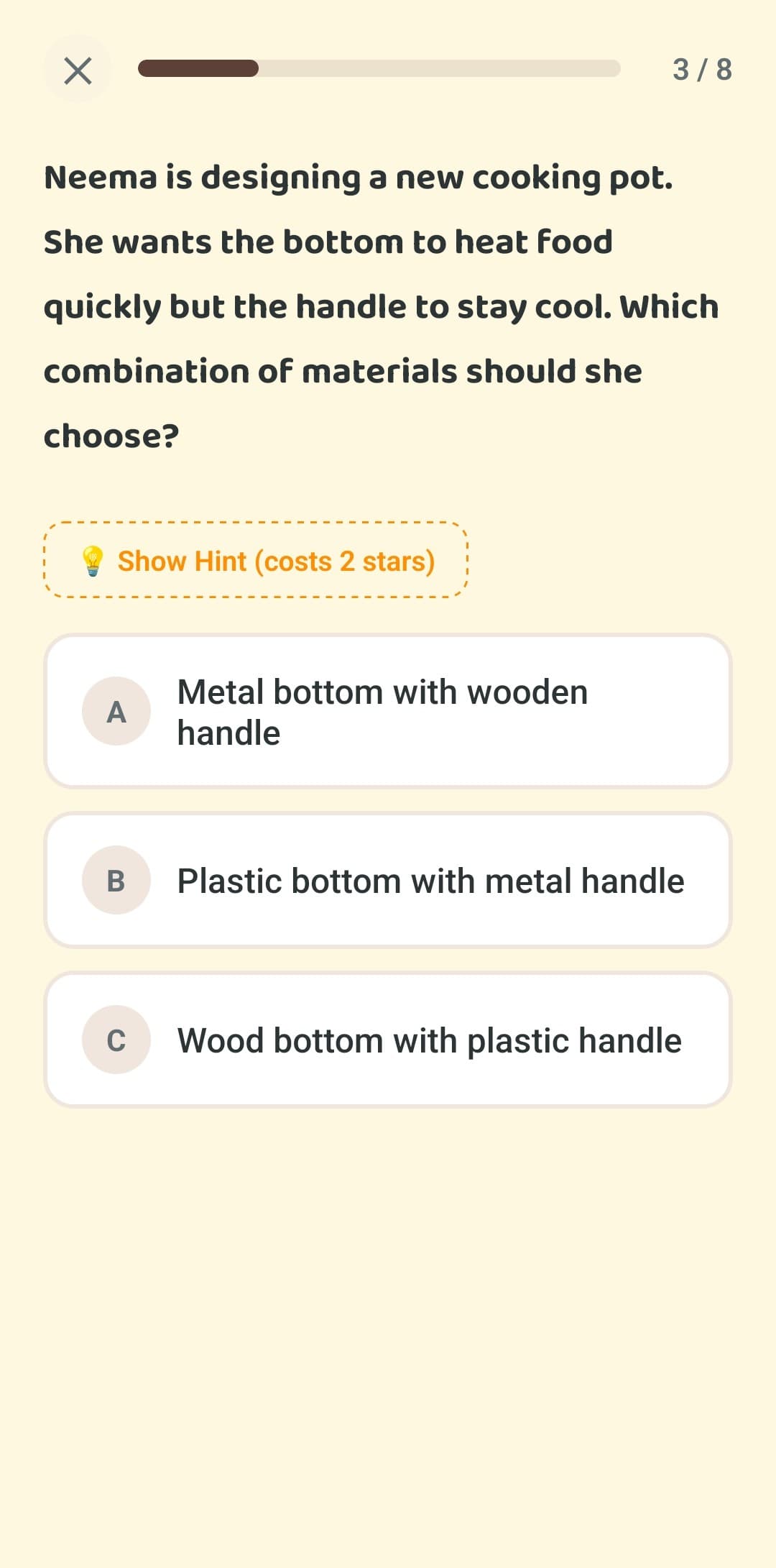 PitaPata quiz screen with a question and answer choices