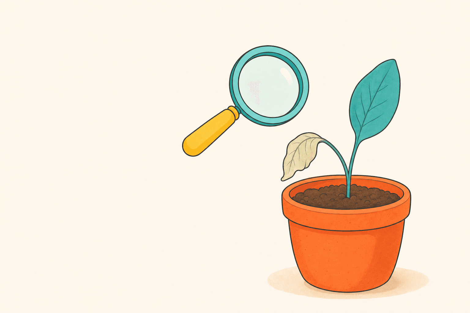 A friendly illustration of a small seedling planted in a terracotta pot — but one of the lower leaves is visibly wilted and pale while the top appears upright.