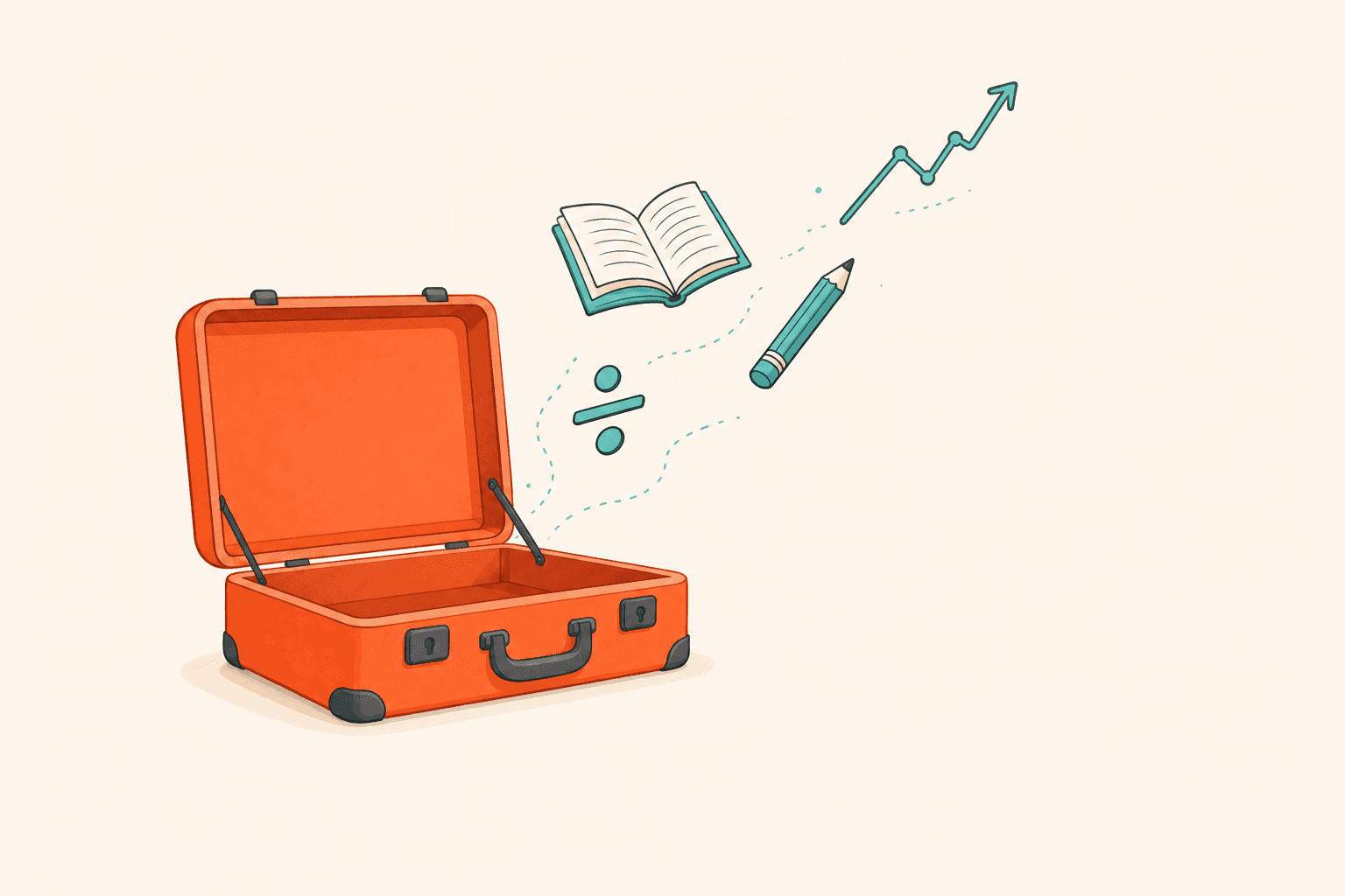 A single open suitcase, viewed from a gentle three-quarter angle, with warm illustrated objects floating out of it: a small book, a fraction symbol, a pencil, a simple graph line — representing portable skills.