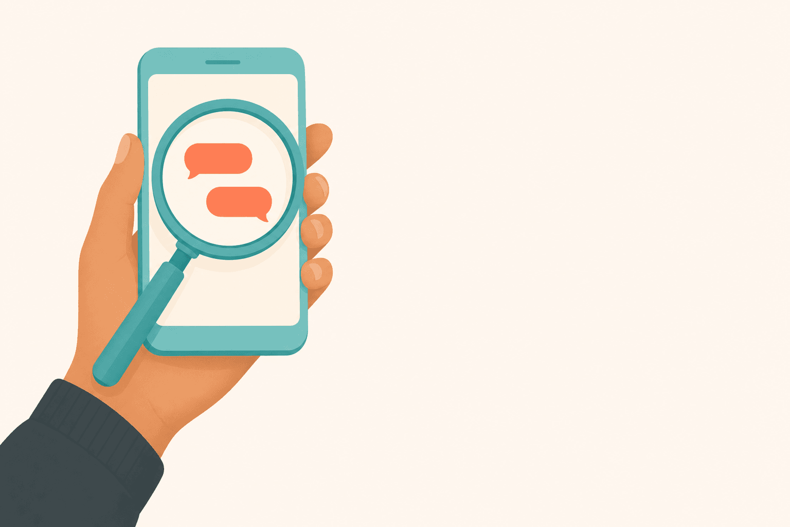 A friendly illustration of a smartphone held in an adult hand (stylised, non-identifiable, only the hand visible from the wrist down), with a gentle magnifying glass overlaid on the screen.