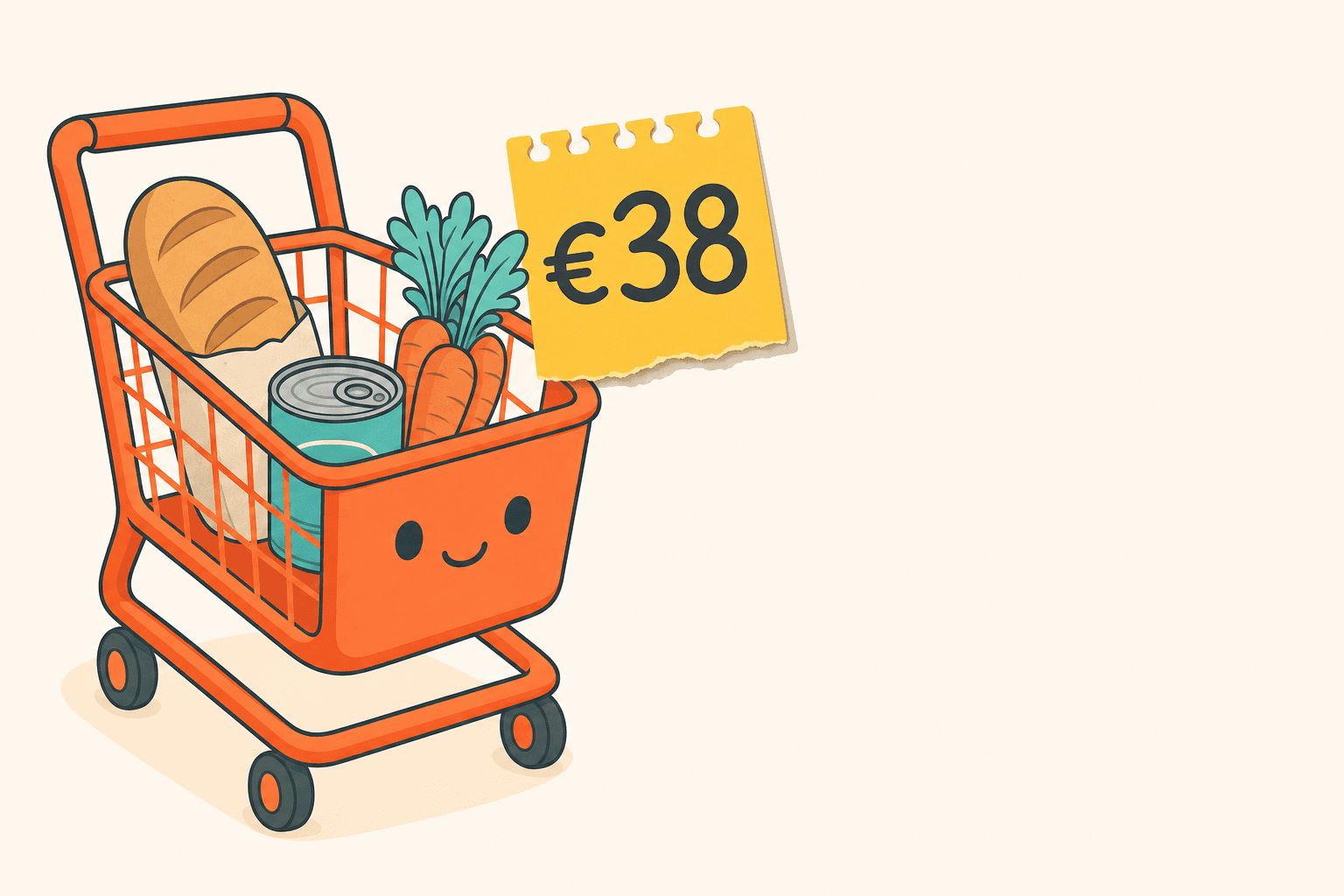 A friendly illustrated shopping trolley viewed from a slight angle, filled with a small cluster of warm, rounded grocery items — a loaf of bread, a tin, a bunch of carrots.
